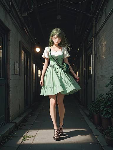 Digital anime-style drawing of a green-haired girl in a white dress and black sandals walking down a dimly lit, narrow alley.
