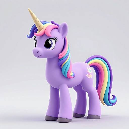 Digital 3D rendering of a cute, purple unicorn with a rainbow mane and tail, large expressive eyes, and a golden horn, standing against a