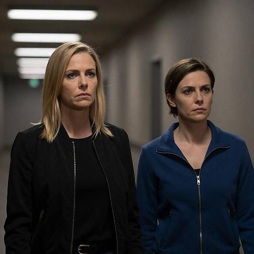 Two Women Standing in Dimly Lit Corridor