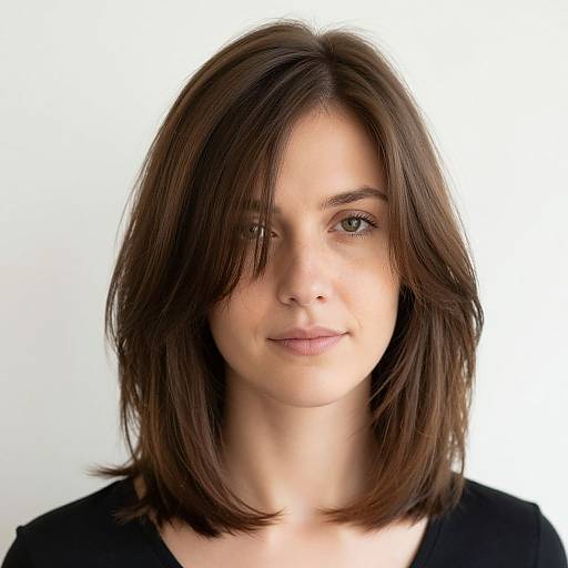 Photograph of a young woman with fair skin, brown shoulder-length hair, and subtle makeup, wearing a black top, against a white background.