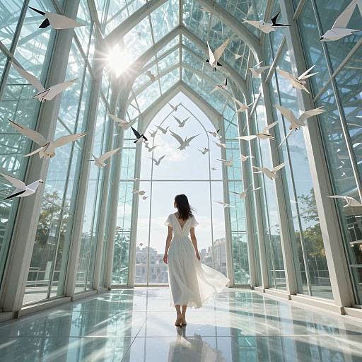 Photograph: Woman in flowing white dress walks away from sunlit, glass-walled archway, surrounded by floating white birds. Modern, ethereal