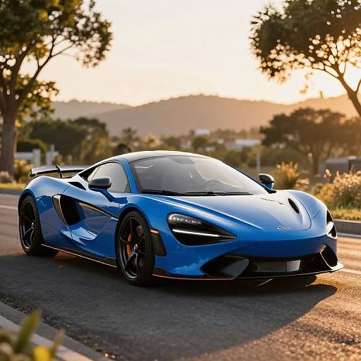 Blue McLaren Sports Car on Road at Sunset
