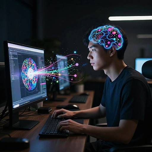 Photograph of an East Asian man with glowing, colorful brain waves on a computer screen in a dark office, typing intently. Neon light trails connect