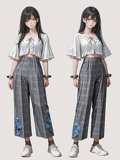 Digital anime-style drawing of a black-haired girl in a white cropped blouse, gray plaid high-waisted pants with blue floral accents, and white