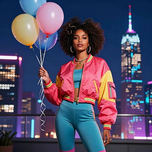 Photograph of a confident Black woman with curly hair, wearing a pink and yellow bomber jacket, blue high-waisted pants, holding colorful balloons,