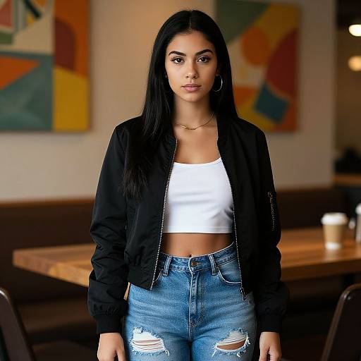 Photograph of a young woman with long black hair, wearing a black bomber jacket, white crop top, and ripped blue jeans, standing in a modern