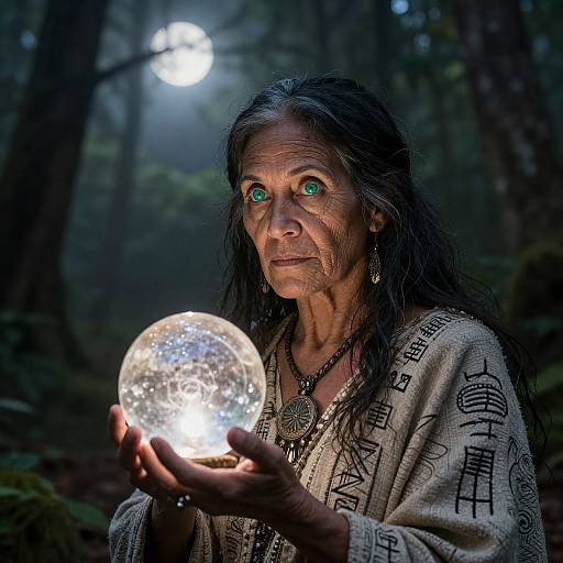 Photograph of an elderly woman with long black hair, green eyes, and wrinkled skin, holding a glowing crystal ball in a dark, misty