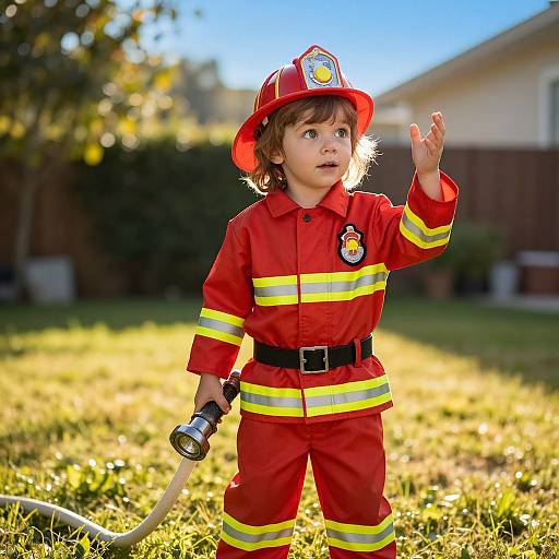 Photograph of a curly-haired toddler in a red firefighter outfit, holding a hose, waving, standing on grass in a sunny backyard.