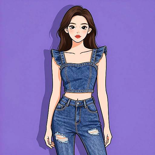 Digital illustration of a fair-skinned woman with long brown hair, wearing a blue denim crop top and ripped jeans, against a solid purple background.