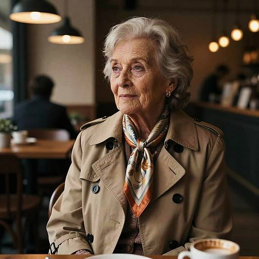 Wistful Silver-Haired Woman in Cafe