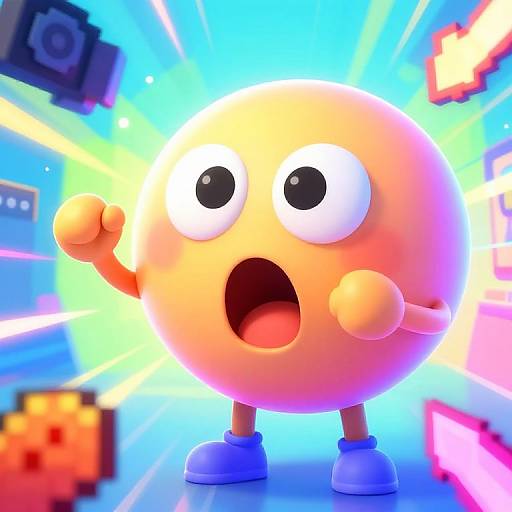 Bright, cartoon-style digital illustration of an orange, round, wide-eyed character with raised fist and open mouth, surrounded by colorful, glowing lights and camera
