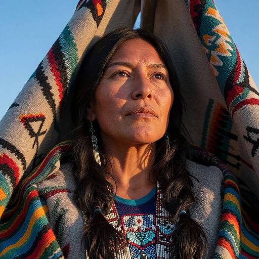 Photograph of a Native American woman with long black hair, wearing a colorful patterned sweater and beaded necklace, arms raised against a bright blue sky