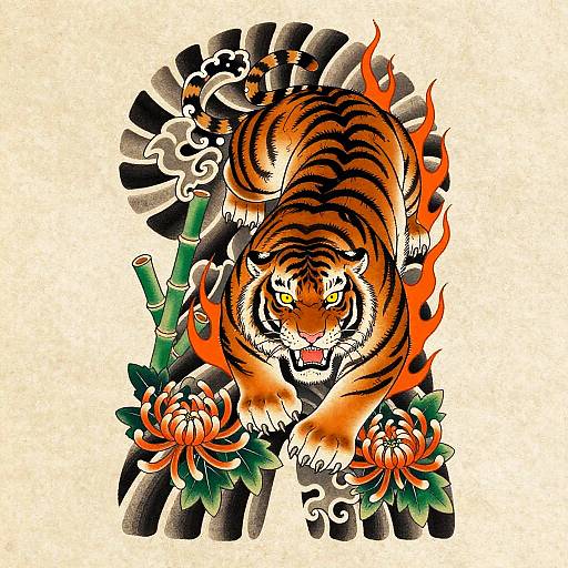 Ferocious Tiger Irezumi Tattoo Flash