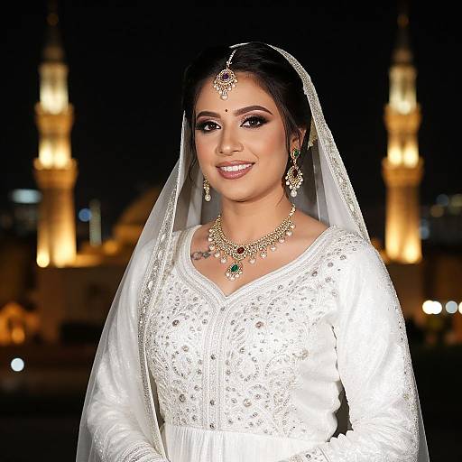 Photograph of a smiling South Asian bride in a white, lace-trimmed wedding dress with a veil, gold jewelry, and headpiece, standing