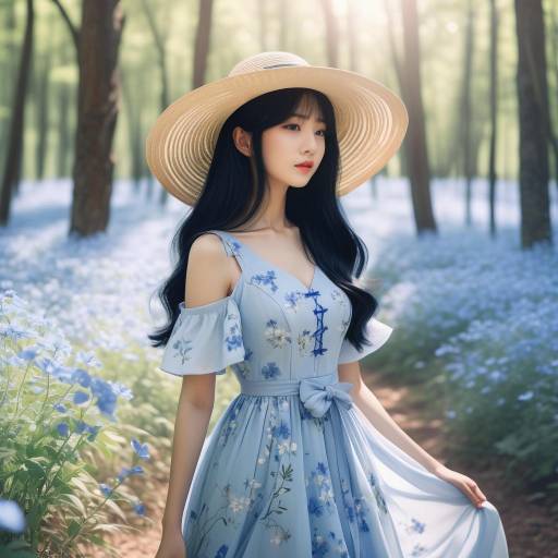 Young Woman in Blue Floral Dress and Straw Hat in Flower Field