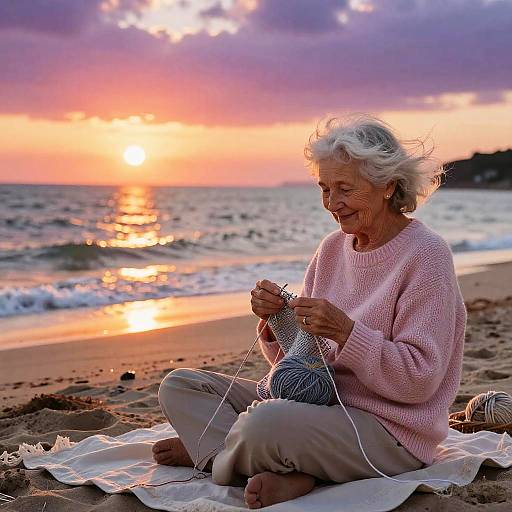 Peaceful Elderly Woman Knitting at Sunset