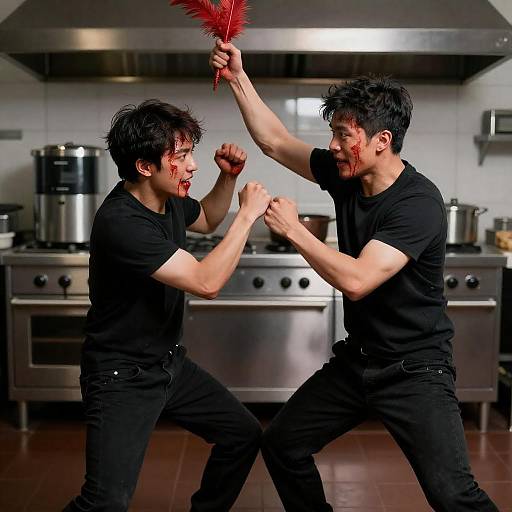 Two Men Fighting in Kitchen with Bloodied Faces