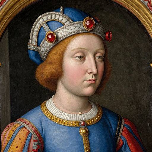 Renaissance portrait of a fair-skinned woman with red hair, wearing a blue and gold crown adorned with red jewels, and a blue gown with