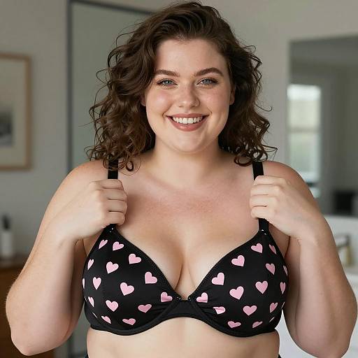 Plus-Size Smiling Woman in Heart Pattern Bra