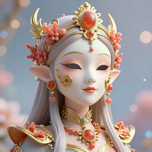 Digital art of an elf-like female figure with long silver hair, adorned in gold and red jewelry, wearing an ornate crown with a red gem,