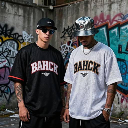 Photograph of two young men in urban graffiti alley; one in black 