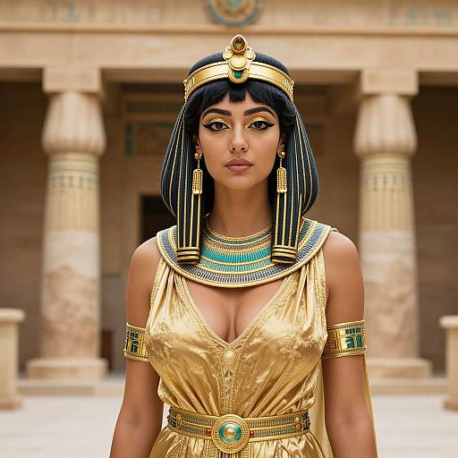 Digital artwork of an Egyptian woman with dark blue hair, gold headdress, and dress, adorned with turquoise jewelry, standing in front of ancient columns.