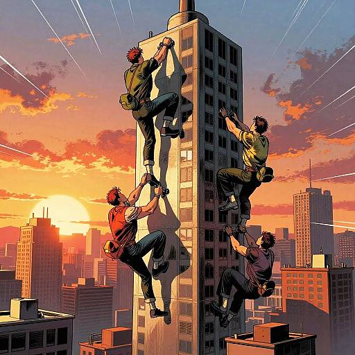 Digital comic-style illustration of four men climbing a skyscraper at sunset, with vibrant orange and purple sky, cityscape background, and dynamic action lines.