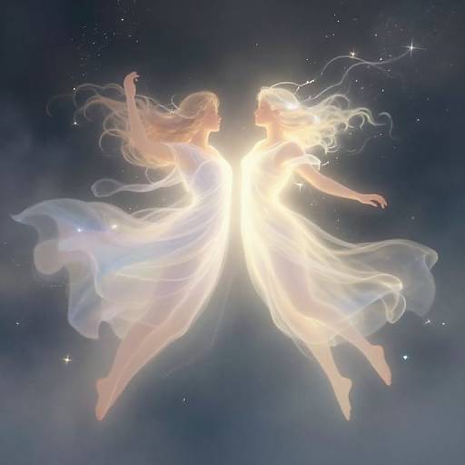 Digital art of two ethereal, glowing, silhouetted female figures with flowing dresses, back-to-back, emitting radiant light against a starry