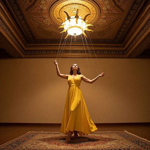 Photograph of a woman in a yellow dress standing under a glowing chandelier, arms raised, strings of light connecting her to the ceiling. Ornate