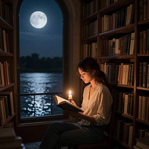 Photograph of a woman with dark hair, wearing a white blouse, reading a book by candlelight in a moonlit library. Full moon shines through