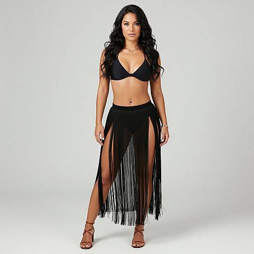 Photograph of a woman with long black hair, wearing a black bra, high-waisted black fringed skirt, and brown sandals, standing against