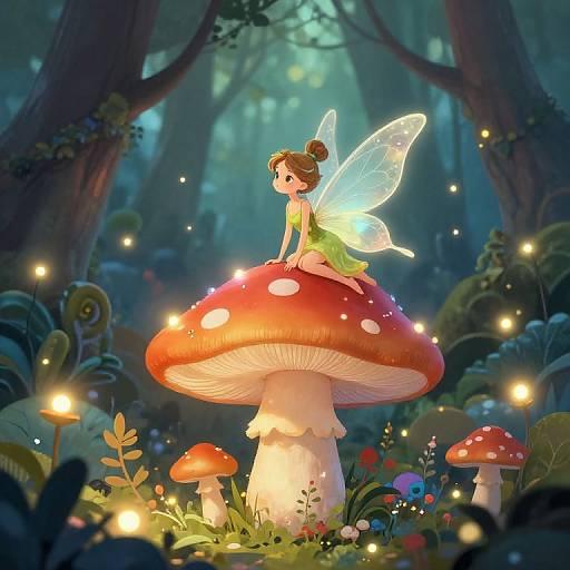 Digital fairy art: tiny girl with glowing wings sits on a large red mushroom in a magical, enchanted forest with glowing fireflies.