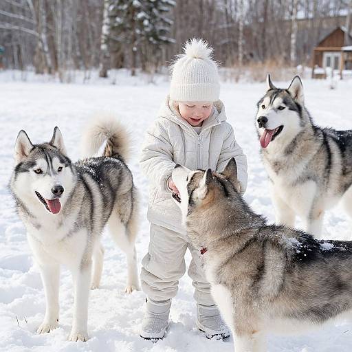 Albino Child Playing with Huskies