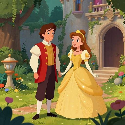 Animated Disney-style illustration of a young prince in red vest and black pants, holding hands with a princess in yellow ball gown, standing in front of a