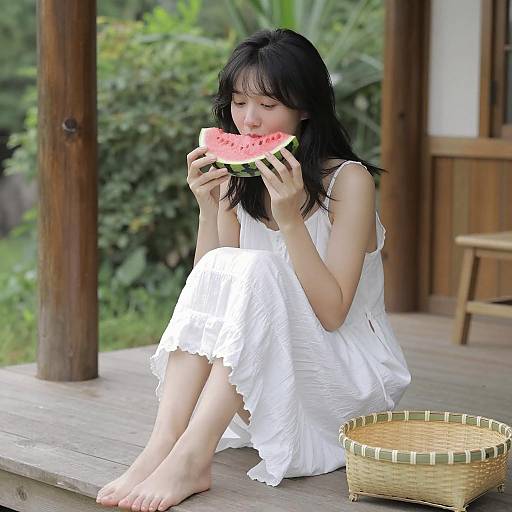 Serene Summer: Asian Woman on Porch