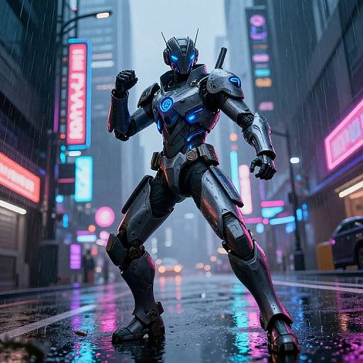 Digital art: Cybernetic warrior in a neon-lit, rain-soaked city street, glowing blue accents, futuristic armor, vertical neon signs,