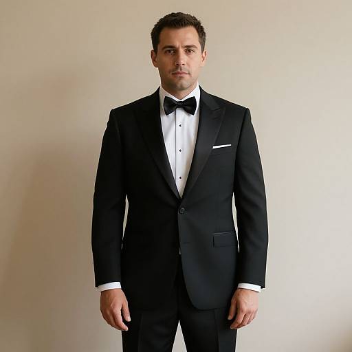 Photograph of a handsome man with short dark hair, wearing a black tuxedo, white shirt, and black bow tie, standing against a plain
