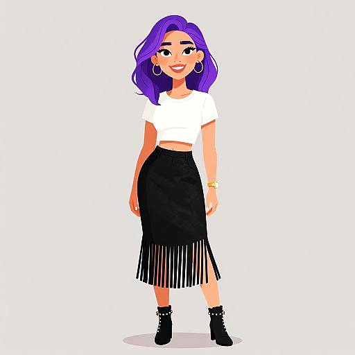 Digital illustration of a smiling woman with purple hair, wearing a white crop top, black fringed skirt, and black ankle boots.