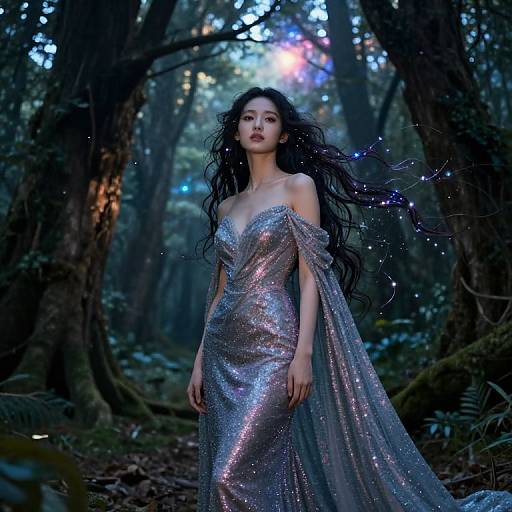 Photograph of a fair-skinned woman with long, wavy black hair in a shimmering, silver off-shoulder gown, standing in a