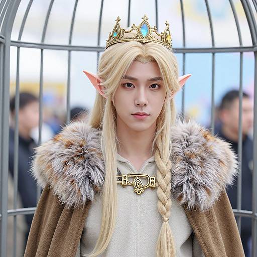 Photograph of a young person with long blonde hair, elf ears, gold crown, fur-trimmed brown cape, and white shirt, standing in