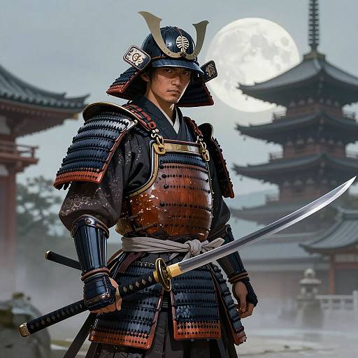 Photorealistic digital artwork of a Japanese samurai in full armor, holding a katana, with a moonlit traditional temple background.