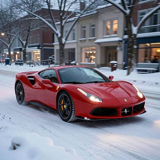 Red Ferrari Racing Through Snowy City