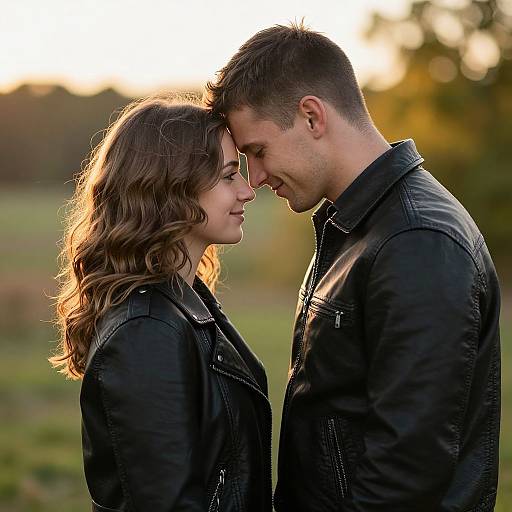 Photograph of a couple in black leather jackets, facing each other with foreheads touching and smiling, sunlit outdoor background.