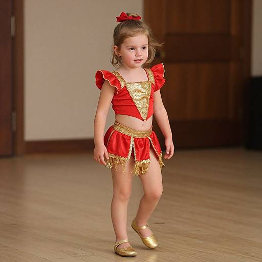 Photograph of a young girl with light brown hair in a red and gold circus-style outfit, gold shoes, and red bow, standing on wooden floor