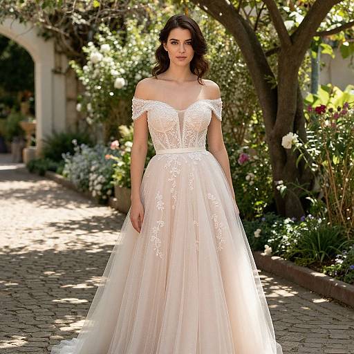 Photograph of a brunette woman in an off-shoulder, lace-adorned, ivory wedding gown standing on a sunlit, cobblestone