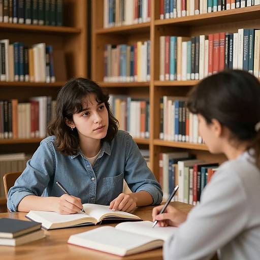 Photograph of two people in a library, seated at a wooden table, writing in open books; bookshelves filled with colorful books in the background