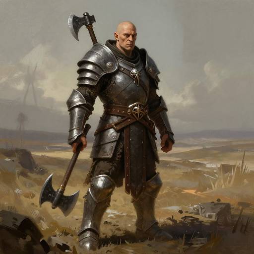 Bald, muscular warrior in shiny, dark medieval armor with a double-headed axe, standing in a barren, rocky landscape under a cloudy sky. Digital