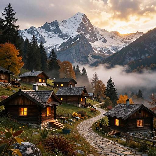 Photograph of rustic wooden chalets on a winding stone path, surrounded by autumn foliage and misty mountains, with a snow-capped peak and golden