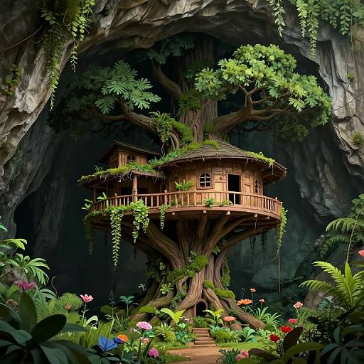 Enchanted wooden treehouse with lush greenery and colorful flowers nestled in a dark, rocky cave. Fantasy, CGI, digital art.