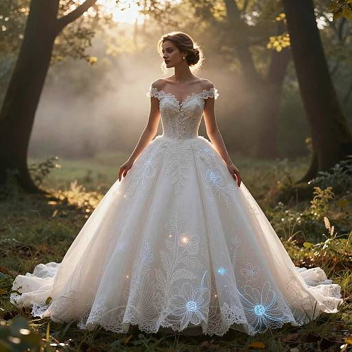 Photograph of a bride in a white, lace, off-shoulder, floral-embroidered ball gown, standing in a sunlit forest